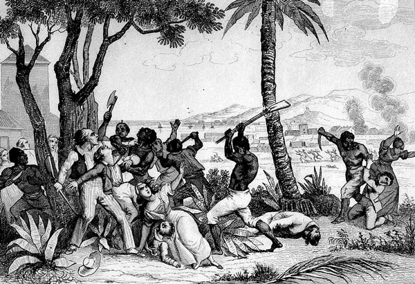 Drawing of blacks killing whites during the Haitian revolution.